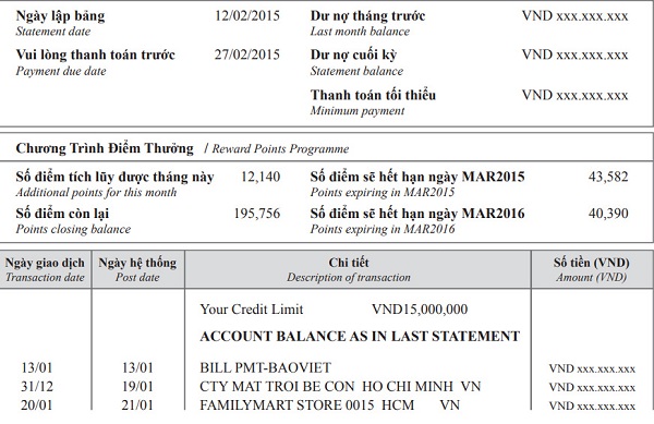 Bảng sao kê giao dịch thẻ tín dụng