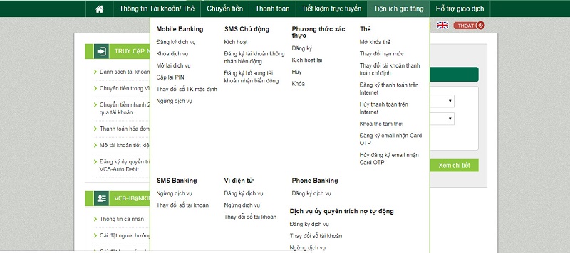 Các tiện ích gia tăng cho khách hàng trên VCB-iB@nking