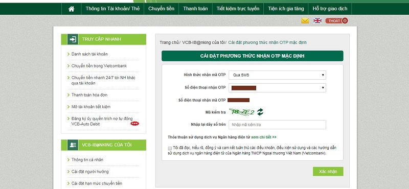 Cài đặt phương thức nhận OTP để xác minh giao dịch trên Vietcombank internet banking