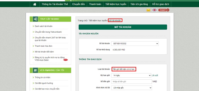Mở tải khoản tiền gửi có kỳ hạn online Vietcombank