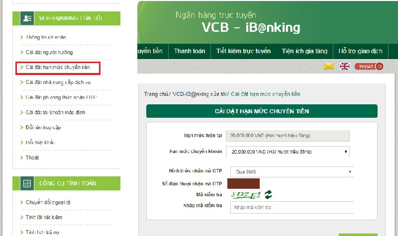 Thay đổi hạn mức chuyển khoản phù hợp với nhu cầu sử dụng của cá nhân