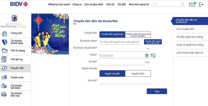 Chuyển tiền trên BIDV online