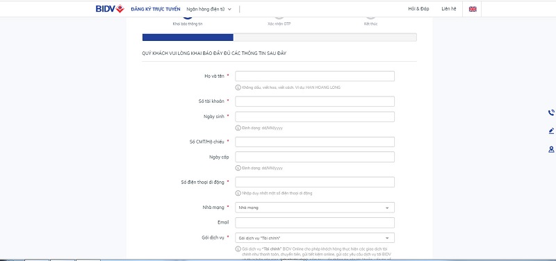 Điền các thông tin cơ bản để đăng kí internet banking BIDV
