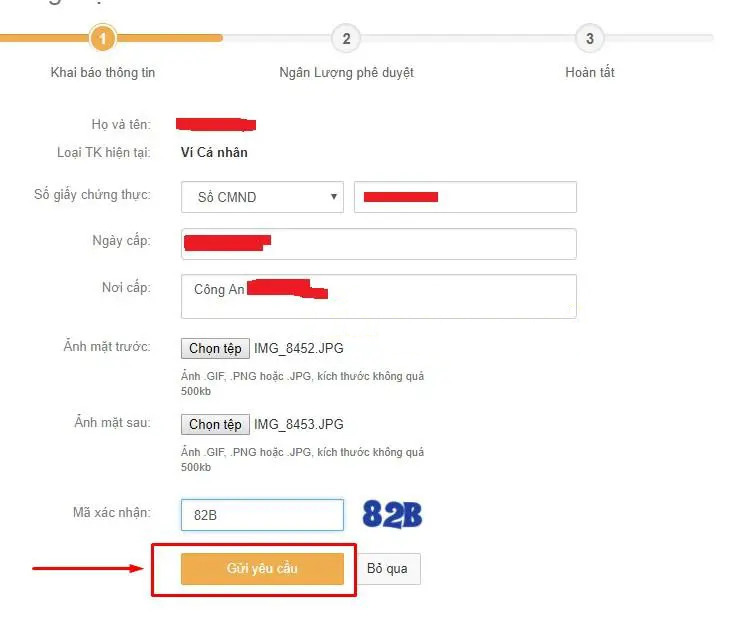 Điền thông tin chứng thực tài khoản ví ngân lượng