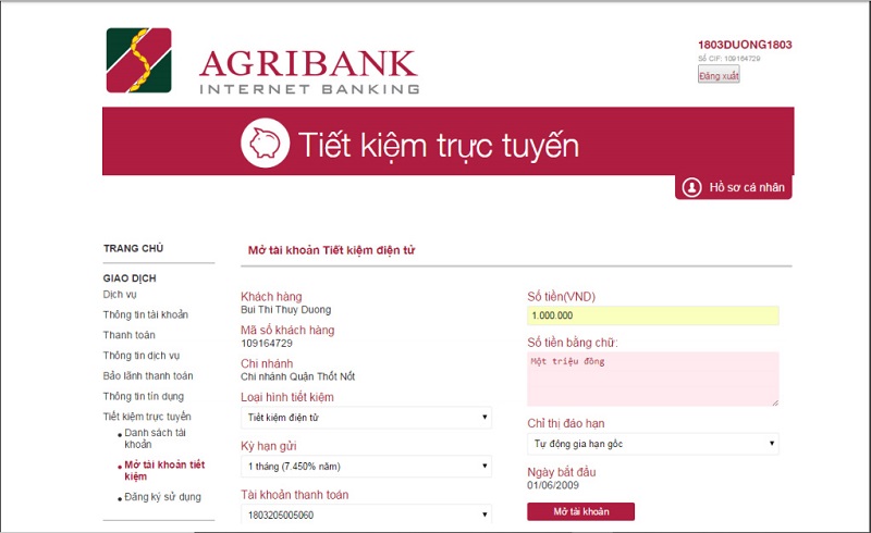 Mở sổ tiết kiệm trực tuyến Agribank