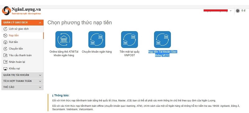 Nạp tiền vào ví ngân lượng