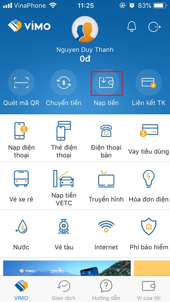 Nạp tiền vào Vimo