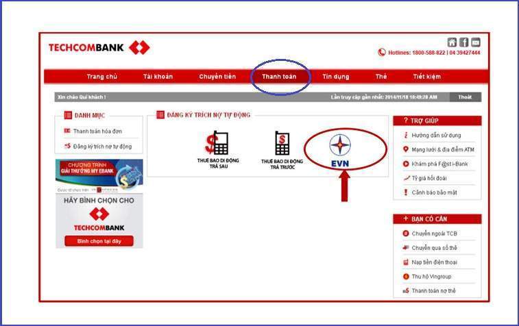 Thanh toán hóa đơn tiền điện với dịch vụ Techcombank internet banking