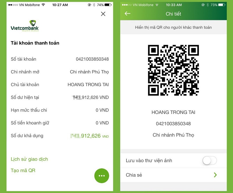 Thanh toán trên VCB-mobile b@nking với tính năng QR Pay