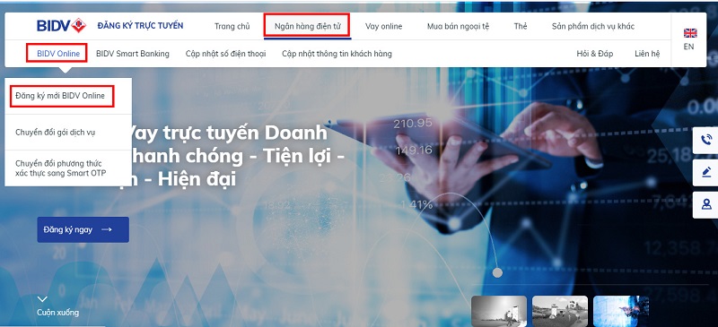 Truy cập website BIDV để đăng kí tài khoản internet banking