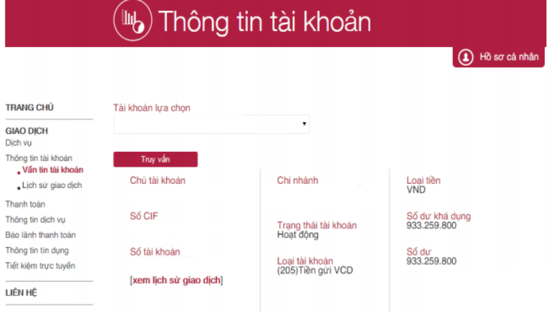 Truy vấn số tài khoản bằng internet banking