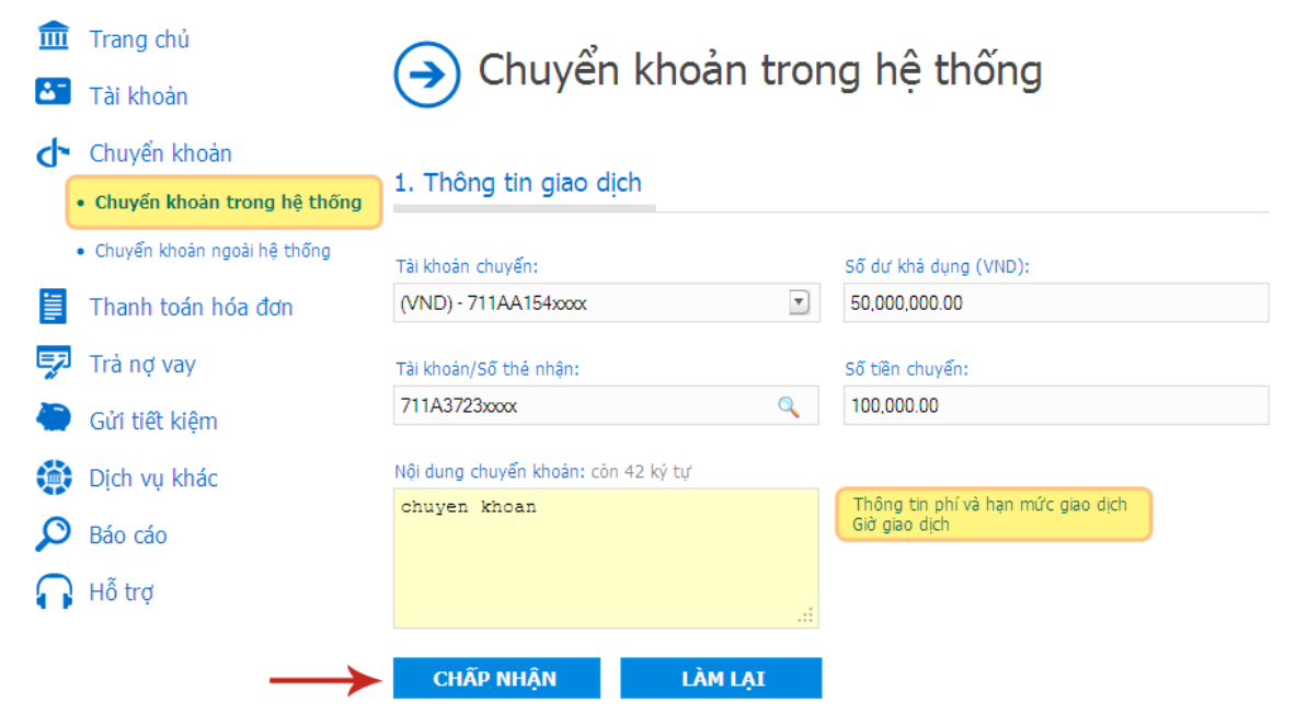 Chuyển khoản trong hệ thống